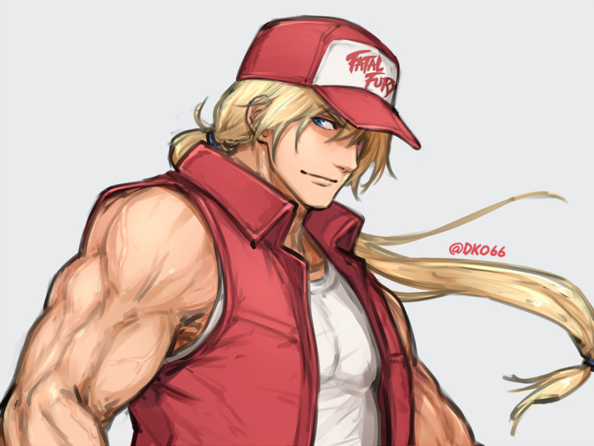 &gt;:) 1boy bare_shoulders baseball_cap blonde_hair blue_eyes closed_mouth clothes_writing commentary_request dan_(kumadan) eyebrows_visible_through_hair fatal_fury grey_background hat long_hair male_focus muscle open_clothes open_vest red_headwear red_vest simple_background sketch smile snk solo super_smash_bros. terry_bogard the_king_of_fighters twitter_username upper_body v-shaped_eyebrows vest white_tank_top