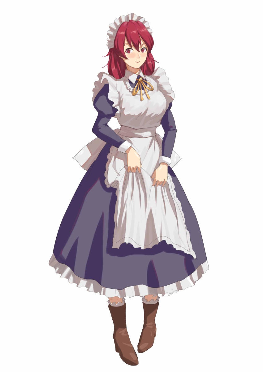 absurdres alternate_costume apron blue_dress blush breasts brown_footwear cecily_cambell chaji_h dress enmaided full_body highres long_hair long_sleeves looking_at_viewer maid maid_apron puffy_long_sleeves puffy_sleeves red_eyes redhead ribbon seiken_no_blacksmith simple_background white_background yellow_ribbon