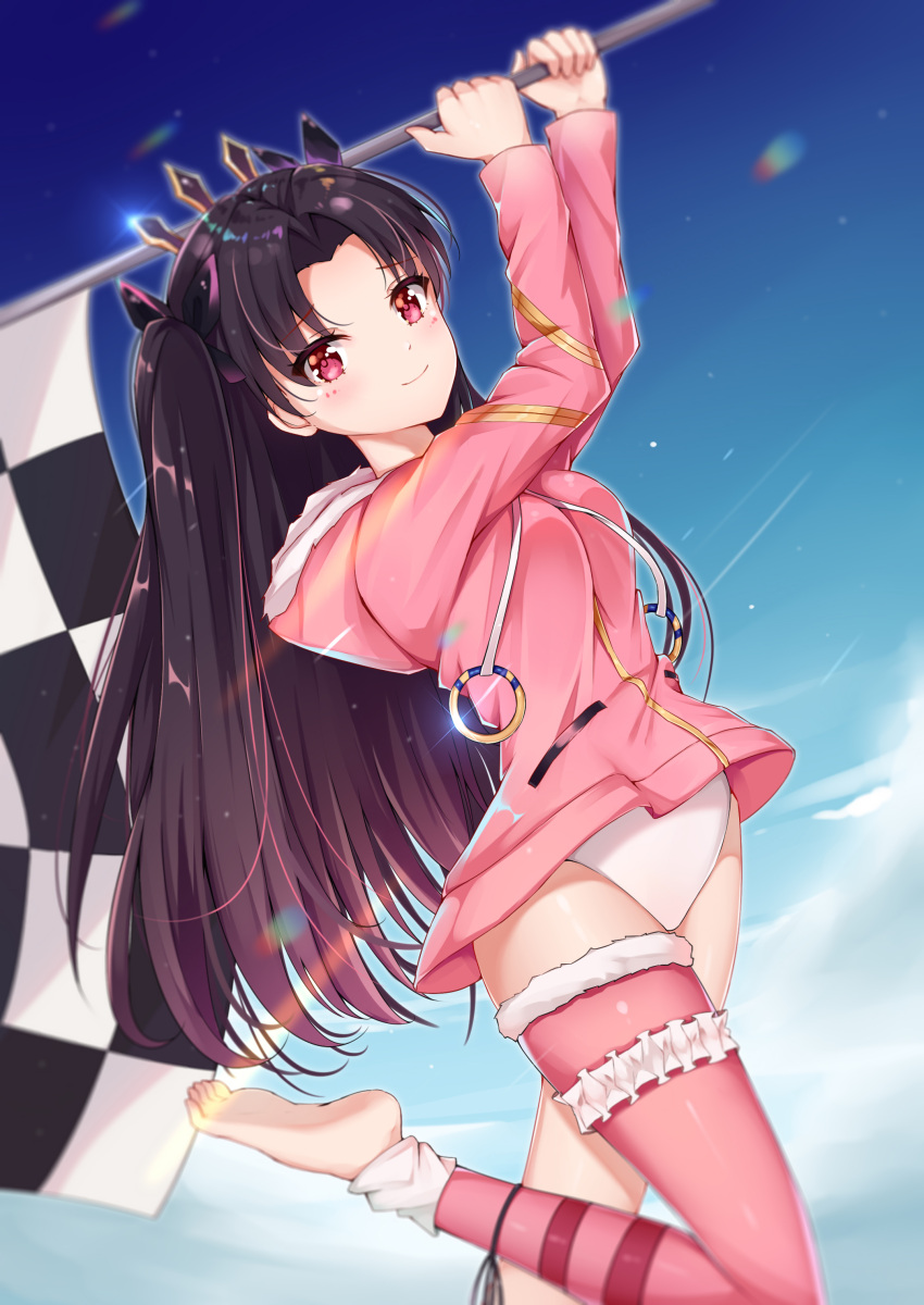 1girl absurdres bangs black_hair blush commentary_request earrings eyebrows_visible_through_hair fate/grand_order fate_(series) flag fur_trim highres holding holding_flag hood hood_down ishtar_(fate/grand_order) ishtar_(swimsuit_rider)_(fate) jacket jewelry leg_up long_hair long_sleeves looking_at_viewer parted_bangs pink_jacket pink_legwear red_eyes ribbon single_thighhigh smile solo swimsuit thigh-highs tming two_side_up