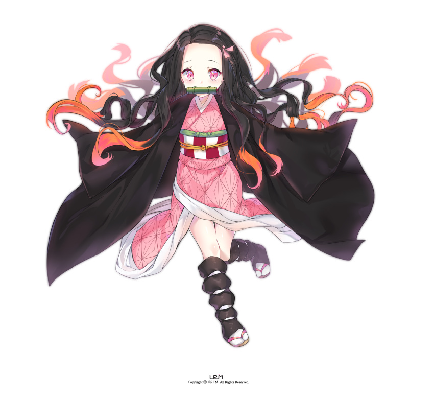 1girl absurdres bamboo bit_gag black_hair brown_hair commentary_request copyright forehead gag hair_ribbon highres japanese_clothes kamado_nezuko kimetsu_no_yaiba kimono long_hair long_sleeves looking_at_viewer mouth_hold multicolored_hair pink_eyes pink_kimono pink_ribbon ribbon simple_background solo urim_(paintur) very_long_hair white_background
