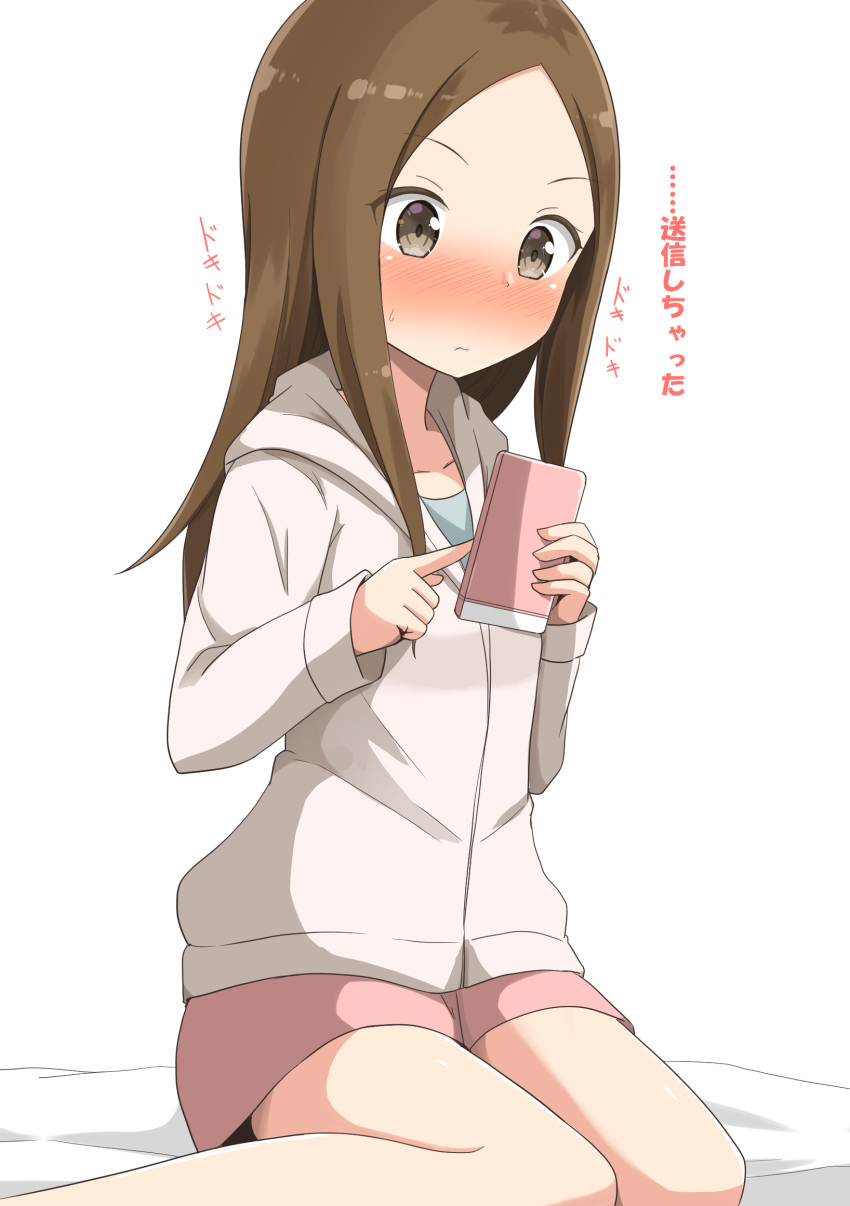 1girl aikawa_ryou bangs bed_sheet blue_shirt blush brown_eyes brown_hair cellphone closed_mouth collarbone commentary_request eyebrows_visible_through_hair forehead hands_up highres holding holding_cellphone holding_phone hood hood_down hooded_jacket jacket karakai_jouzu_no_takagi-san long_hair long_sleeves looking_away nose_blush parted_bangs phone pink_shorts shirt short_shorts shorts sitting sleeves_past_wrists solo sweat takagi-san translated v-shaped_eyebrows wariza wavy_mouth white_background white_jacket