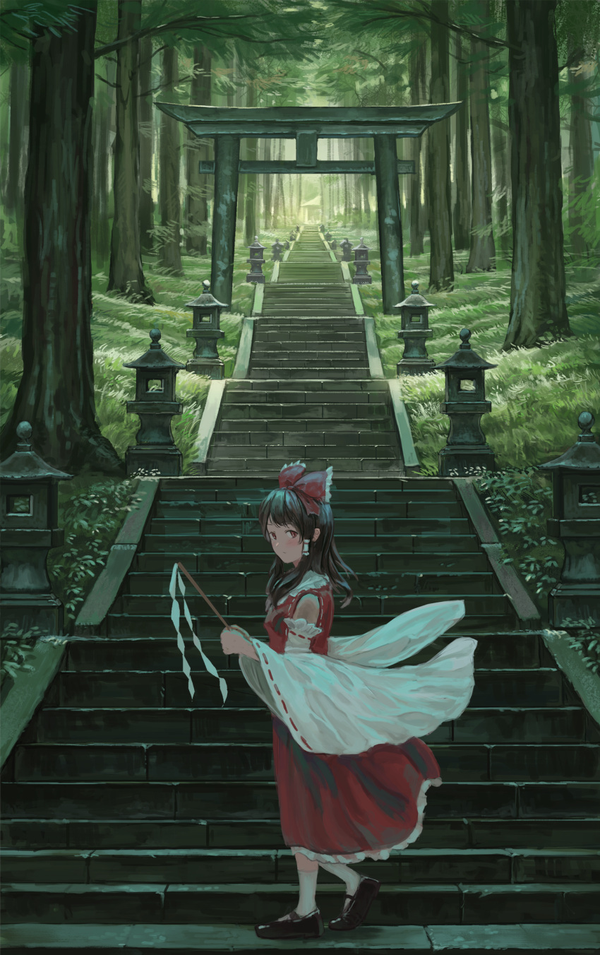 1girl blush brown_hair detached_sleeves fjsmu forest gohei hair_ribbon hair_tubes hakurei_reimu highres loafers looking_at_viewer nature red_eyes red_ribbon ribbon shoes short_hair shrine sidelocks solo stairs torii touhou tree wide_sleeves