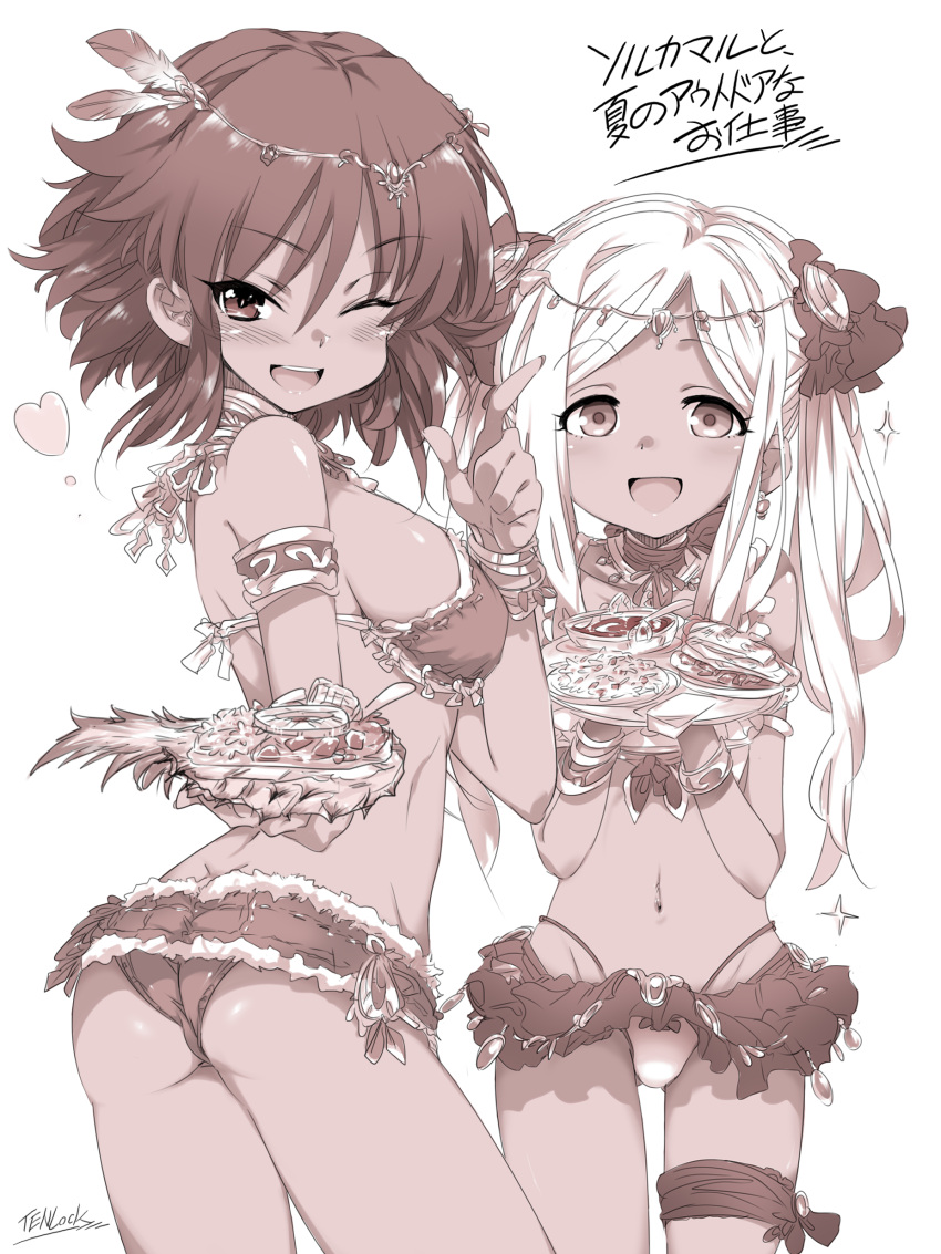2girls absurdres alabaster_(artist) armlet ass bikini breasts commentary_request dark_skin food hair_ornament highres idolmaster idolmaster_cinderella_girls layla_(idolmaster) long_hair looking_at_viewer looking_back monochrome multiple_girls natalia_(idolmaster) navel one_eye_closed open_mouth sepia short_hair sideboob swimsuit translation_request white_background