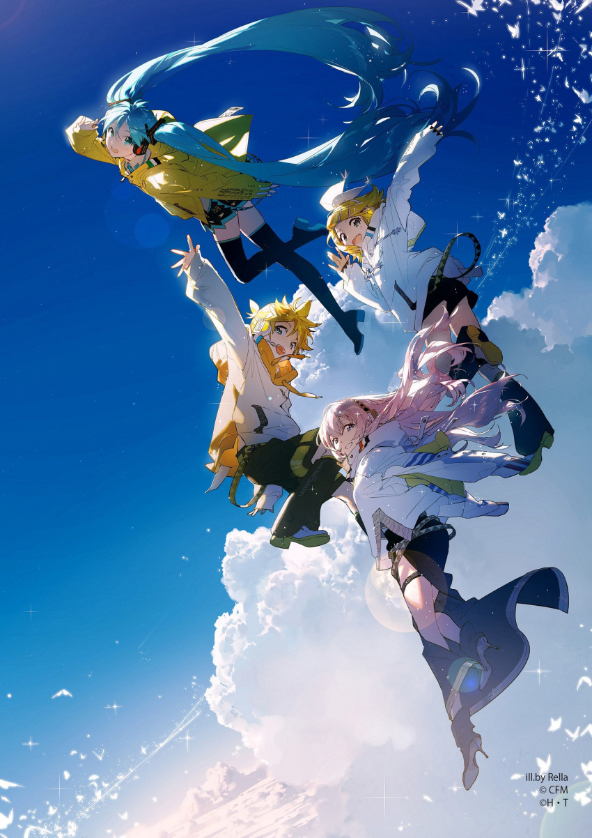 1boy 3girls absurdres aqua_eyes aqua_hair artist_name backlighting bangs belt black_legwear black_shorts black_skirt blonde_hair blue_eyes blue_sky boots bow bug butterfly clouds commentary_request digimon digimon_adventure flying hair_bow hair_ornament hairclip hatsune_miku headphones headset high_heels highres insect jacket kagamine_len kagamine_rin long_hair long_skirt looking_at_viewer megurine_luka multiple_girls outstretched_arms pink_hair pleated_skirt rella salute short_ponytail shorts side_slit skirt sky sleeves_past_wrists sparkle sparkling_eyes stiletto_heels thigh-highs thigh_boots thigh_strap twintails very_long_hair watermark white_hoodie white_jacket yellow_hoodie