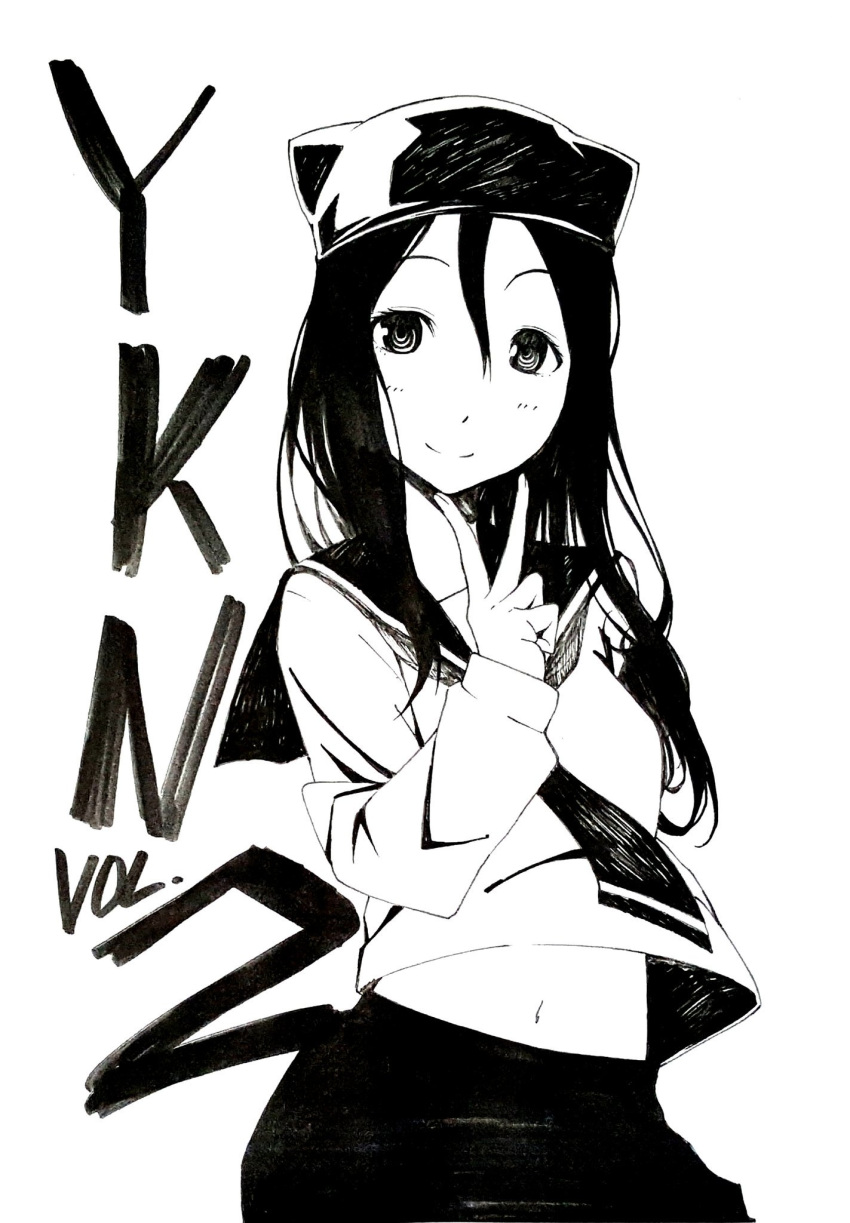 1girl animal_hat bangs black_hair black_headwear black_skirt breasts cat_hat hat highres long_hair looking_at_viewer monochrome navel neckerchief ogino_jun sailor_collar school_uniform serafuku skirt sleeves_past_wrists small_breasts smile solo v wind wind_lift yatogame-chan_kansatsu_nikki