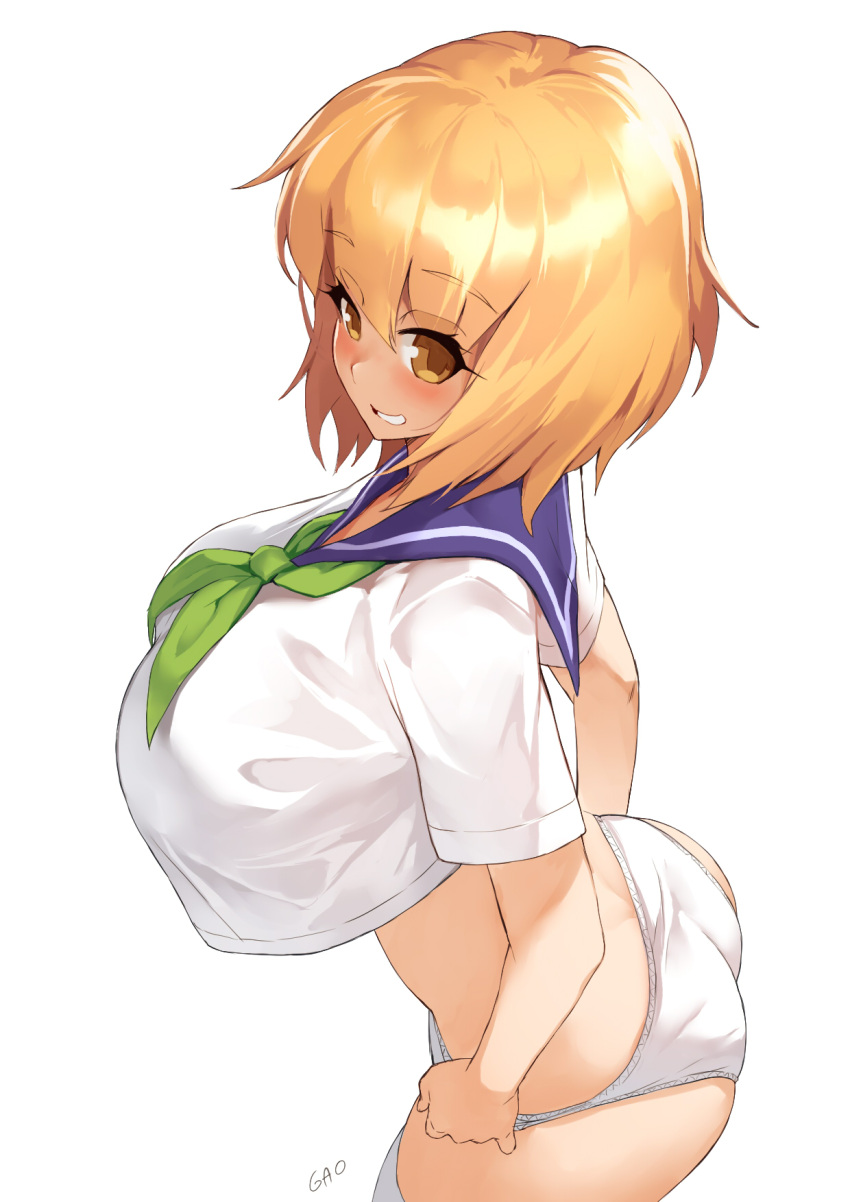 1girl ass bangs blonde_hair blush breasts brown_eyes commentary crop_top crop_top_overhang eyebrows_visible_through_hair gao_(gaolukchup) highres huge_breasts j-list mascot megumi_(j-list) no_pants panties sailor_collar short_hair solo thigh-highs thighs underwear white_background white_legwear white_panties