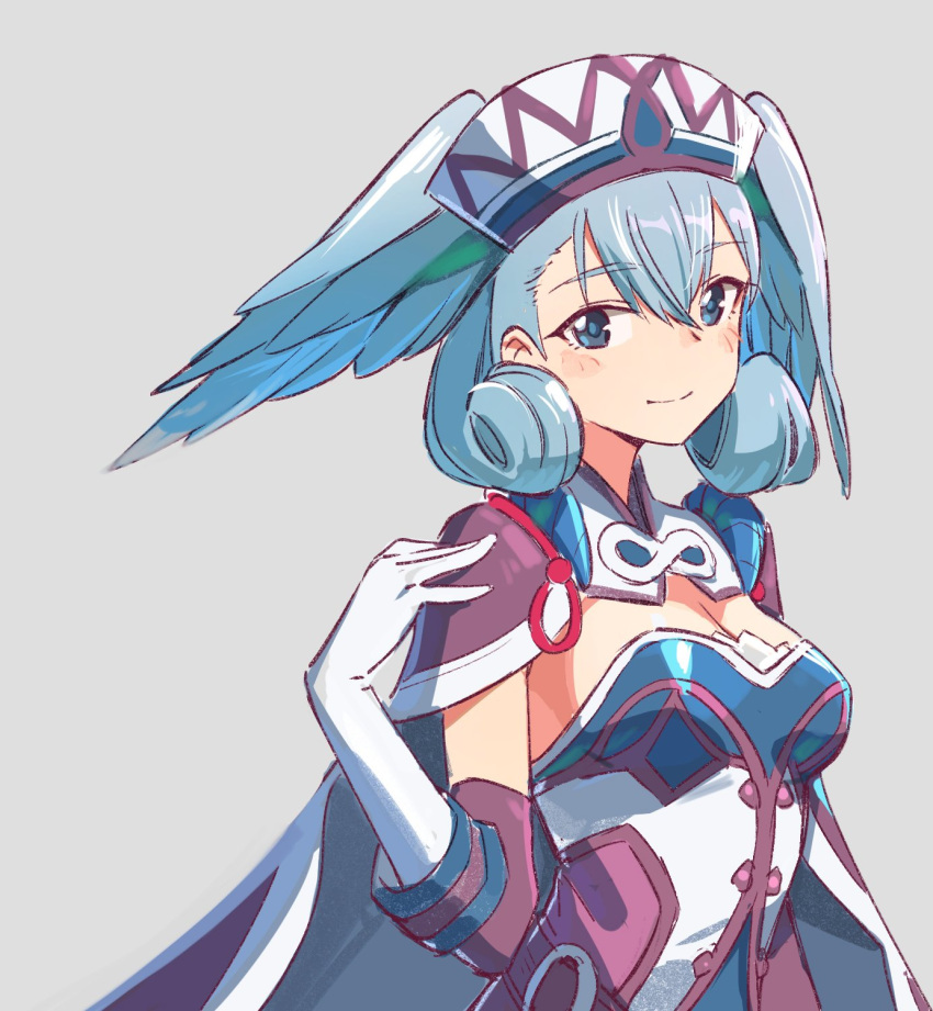 1girl blue_eyes blush breasts cape curly_hair elbow_gloves gloves hair_ornament hat head_wings highres long_hair looking_at_viewer medium_breasts melia silver_hair simple_background smile solo tugo xenoblade_(series) xenoblade_1