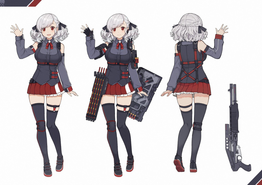 1girl black_legwear black_shirt blush bow bowtie breasts earplugs full_body girls_frontline gloves gun highres holding large_breasts looking_at_viewer low_twintails official_art red_eyes red_skirt shirt shotgun silver_hair skindentation skirt sleeveless smile spas-12 spas-12_(girls_frontline) standing terras thigh-highs trigger_discipline twintails weapon zettai_ryouiki