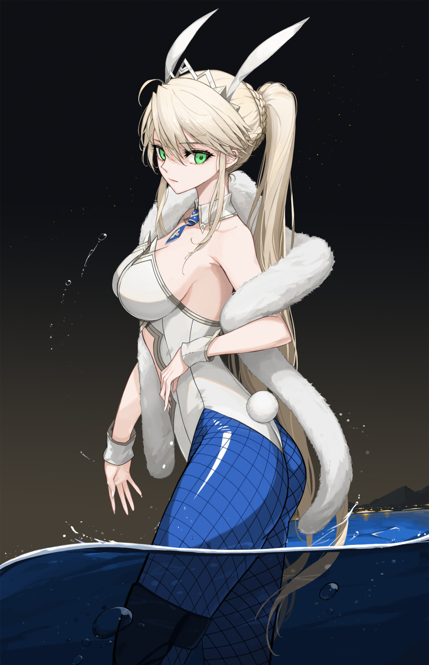 1girl absurdres akai2930 animal_ears artoria_pendragon_(all) artoria_pendragon_(swimsuit_ruler)_(fate) blonde_hair braid breasts bunnysuit commentary_request detached_collar expressionless eyebrows_visible_through_hair fake_animal_ears fate/grand_order fate_(series) feather_boa fishnets french_braid green_eyes highres large_breasts leotard looking_at_viewer night night_sky partially_submerged ponytail rabbit_ears saber sky wrist_cuffs
