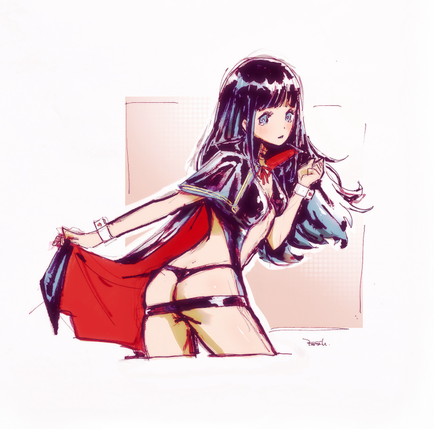 1girl artist_request ass belt beltskirt black_cape black_capelet black_hair black_panties blue_eyes cape cape_tug capelet clenched_hand cuff_links highres hime_cut long_hair looking_at_viewer looking_back nakoruru panties red_cape revealing_clothes snk_heroines:_tag_team_frenzy solo thong underwear wrist_cuffs
