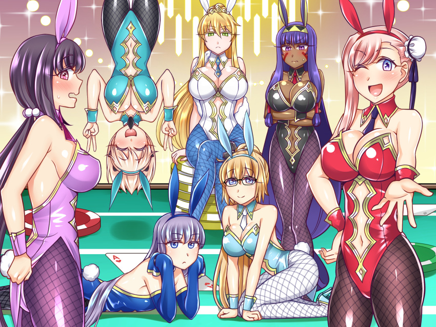 6+girls ahoge animal_ears artoria_pendragon_(all) artoria_pendragon_(swimsuit_ruler)_(fate) artoria_pendragon_(swimsuit_ruler)_(fate)_(cosplay) ass_visible_through_thighs asymmetrical_hair black-framed_eyewear black_bow black_hair blue_eyes blue_legwear blue_neckwear blue_ribbon bow braid bunny_girl bunnysuit card casino_card_table cosplay dark_skin detached_collar earrings egyptian facepaint facial_mark fate/grand_order fate_(series) feather_boa fishnet_legwear fishnet_pantyhose fishnets french_braid glasses hair_ornament hand_gesture highres hoop_earrings jackal_ears jeanne_d'arc_(fate)_(all) jeanne_d'arc_(swimsuit_archer) jewelry leotard long_hair looking_at_viewer low-tied_long_hair mabo-udon meltryllis miyamoto_musashi_(fate/grand_order) miyamoto_musashi_(swimsuit_berserker)_(fate) multiple_girls navel_cutout nitocris_(fate/grand_order) okita_souji_(fate)_(all) open_mouth osakabe-hime_(fate/grand_order) pantyhose pink_hair playing_card poker_table ponytail purple_hair rabbit_ears revealing_clothes ribbon sleeves_past_fingers sleeves_past_wrists twintails upside-down very_long_hair very_long_sleeves violet_eyes white_leotard wrist_cuffs