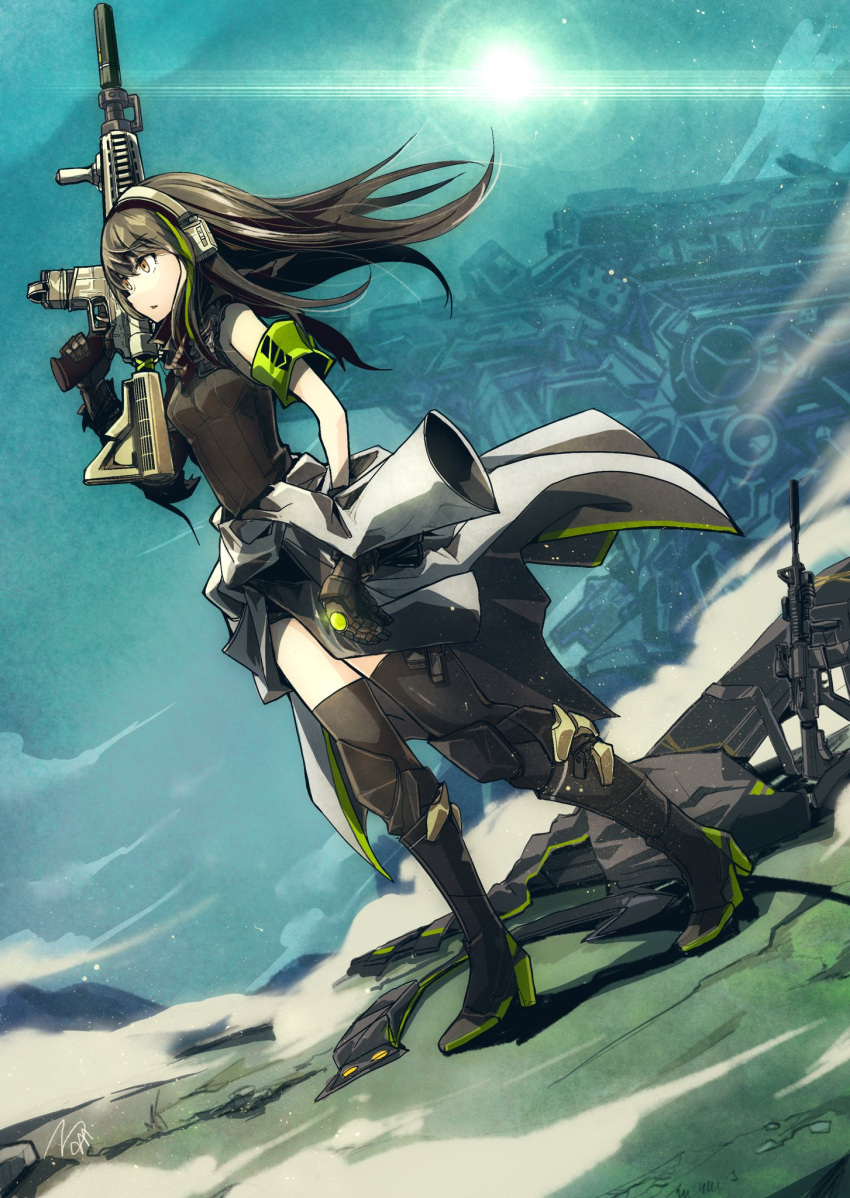 1girl armband assault_rifle bangs black_footwear black_gloves black_hair black_legwear boots breasts clothes_around_waist clouds full_body girls_frontline gloves gun headphones headset highres holding holding_gun holding_weapon jacket jacket_around_waist long_hair m4_carbine m4a1_(girls_frontline) mineta_naoki multicolored_hair open_mouth outdoors rifle scarf signature sky sleeveless smoke solo streaked_hair thigh-highs weapon weapon_case