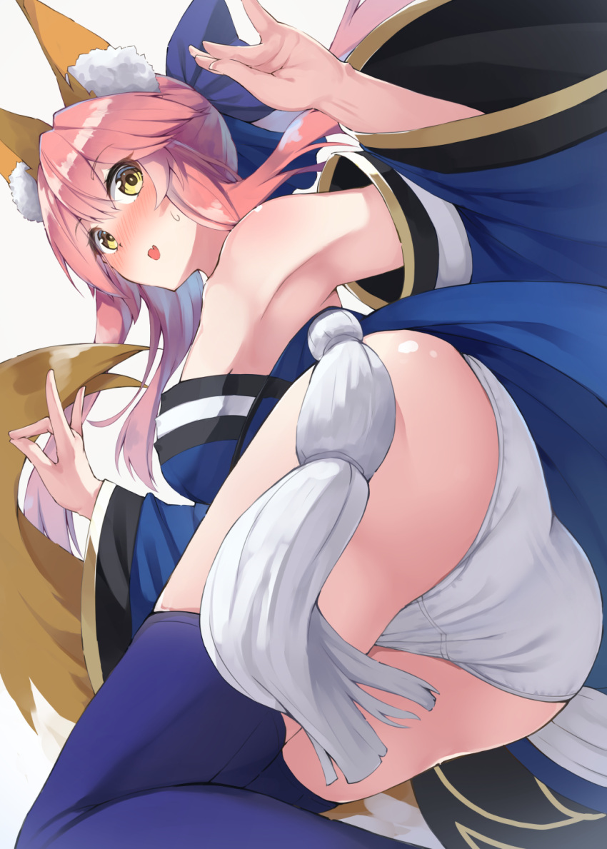 1girl animal_ear_fluff animal_ears ass blue_kimono blue_legwear blue_ribbon blush breasts commentary commentary_request double_fox_shadow_puppet embarrassed eyebrows_visible_through_hair fang fate/grand_order fate_(series) fox_ears fox_girl fox_shadow_puppet fox_tail hair_ribbon highres japanese_clothes kimono large_breasts open_mouth panties pink_hair ribbon shiro_youduki simple_background skin_fang solo sweat tail tamamo_(fate)_(all) tamamo_no_mae_(fate) underwear white_background white_panties yellow_eyes