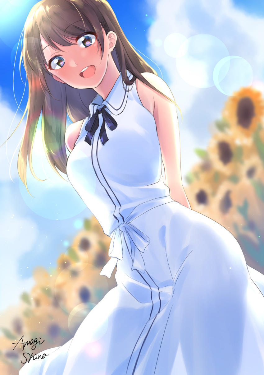 1girl :d absurdres amagi_shino arms_behind_back artist_name bangs black_ribbon blurry blurry_background brown_eyes brown_hair clouds collared_dress day dress eyebrows_visible_through_hair flower from_below highres leaning_forward lens_flare long_hair looking_at_viewer neck_ribbon open_mouth original outdoors ribbon shiny shiny_hair sleeveless sleeveless_dress smile solo standing straight_hair sundress sunflower white_dress white_ribbon wing_collar yellow_flower