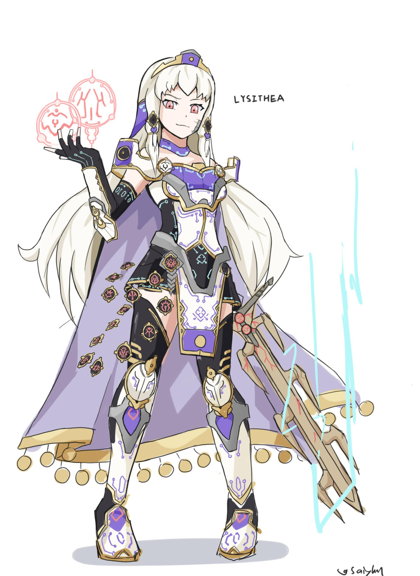 1girl absurdres artist_name bangs bare_shoulders breastplate cape character_name circlet closed_mouth crest fingerless_gloves fire_emblem fire_emblem:_three_houses fire_emblem_echoes:_shadows_of_valentia flat_chest full_body gloves greaves headdress highres holding holding_sword holding_weapon knee_guards long_hair looking_at_viewer lysithea_von_ordelia miniskirt pelvic_curtain pink_eyes saiykik simple_background skirt smirk sword thigh-highs vambraces weapon white_background white_hair zettai_ryouiki
