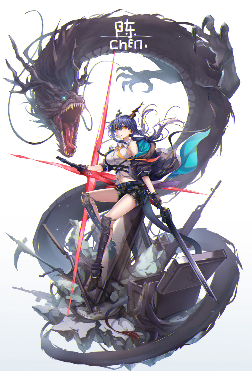 1girl absurdres arknights black_gloves black_hair ch'en_(arknights) dragon dual_wielding earphones eastern_dragon gloves highres holding horns jacket ji_dan long_hair looking_at_viewer navel necktie open_clothes open_jacket red_eyes shirt shorts sleeveless solo sword weapon white_shirt