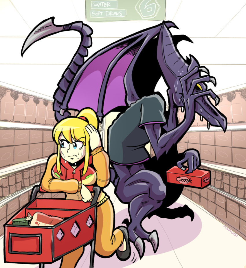 1girl alien alternate_costume anaugi awkward blonde_hair blue_eyes claws covering_face embarrassed english_text groceries highres hood hoodie looking_away md5_mismatch metroid pants ponytail ridley samus_aran shirt shopping_cart supermarket sweat t-shirt track_pants