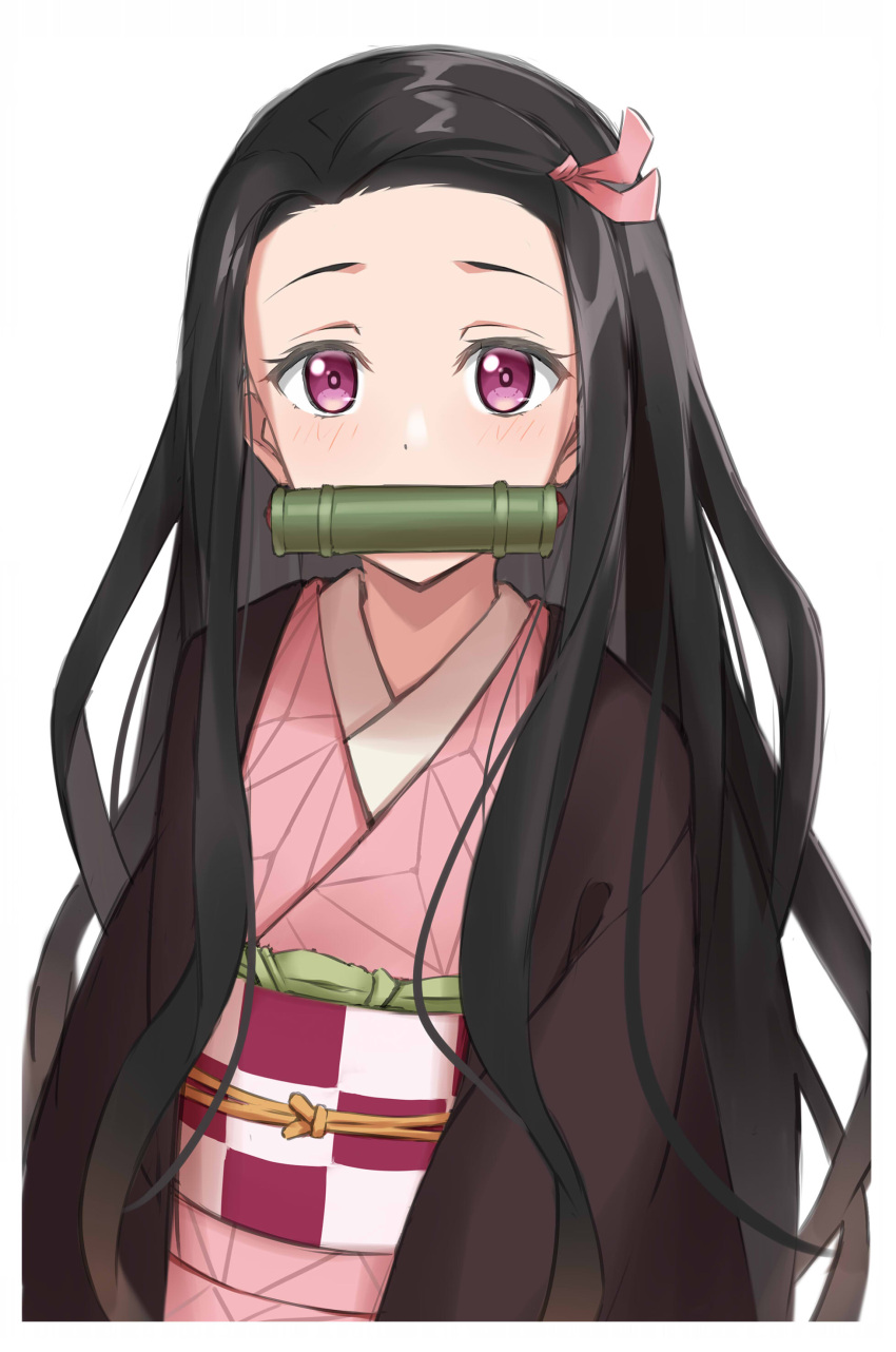 1girl absurdres bamboo bangs bit_gag black_hair blush checkered commentary_request forehead gag hair_ribbon highres japanese_clothes kamado_nezuko kimetsu_no_yaiba kimono kohakope long_hair looking_at_viewer mouth_hold obi open_clothes parted_bangs pink_kimono pink_ribbon ribbon sash simple_background solo very_long_hair violet_eyes white_background