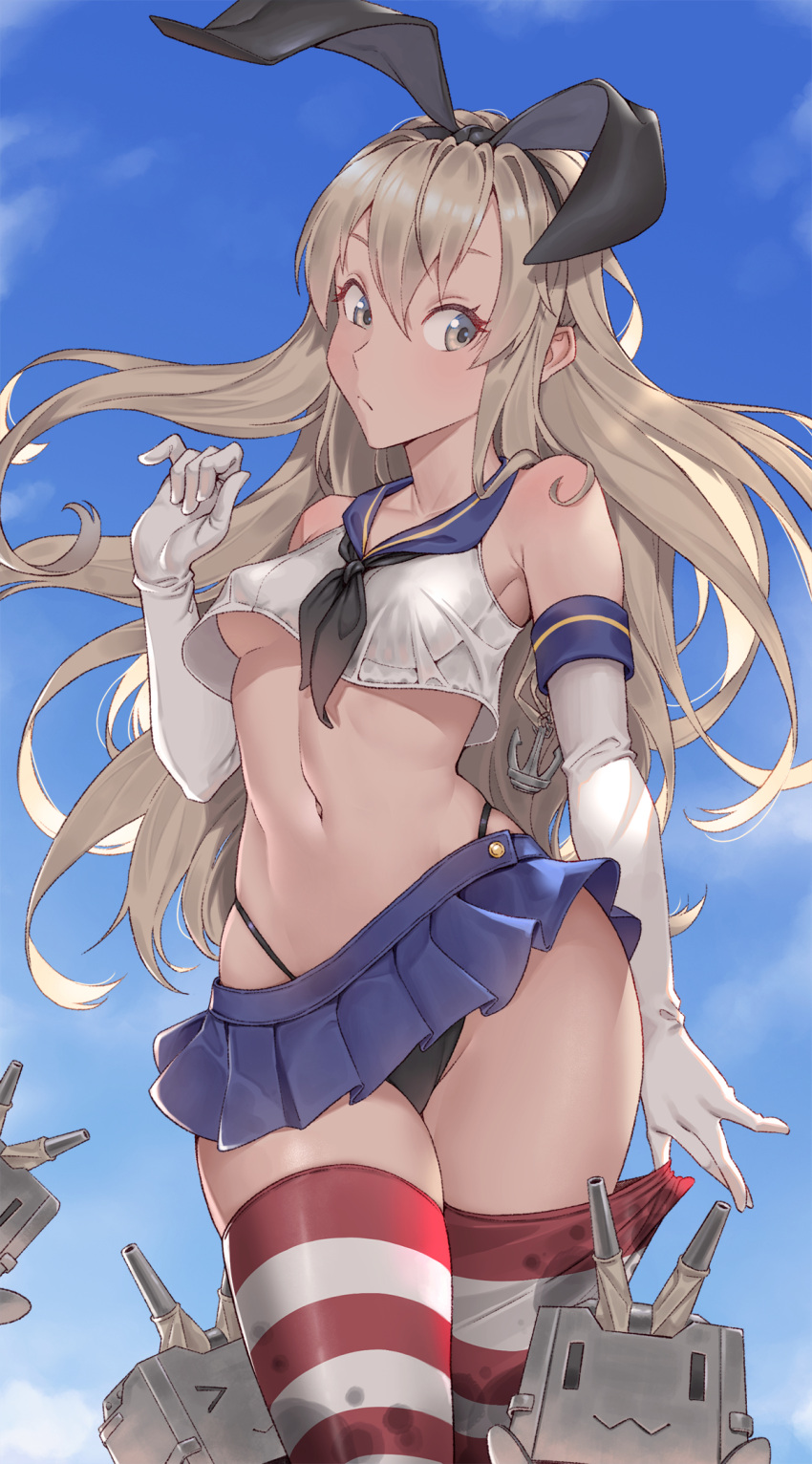 1girl bare_shoulders black_hairband black_panties blonde_hair cheshirrr commentary_request elbow_gloves frown gloves hair_ornament hairband highres kantai_collection long_hair looking_at_viewer navel outdoors panties shimakaze_(kantai_collection) skirt solo striped striped_legwear thigh-highs underwear white_gloves