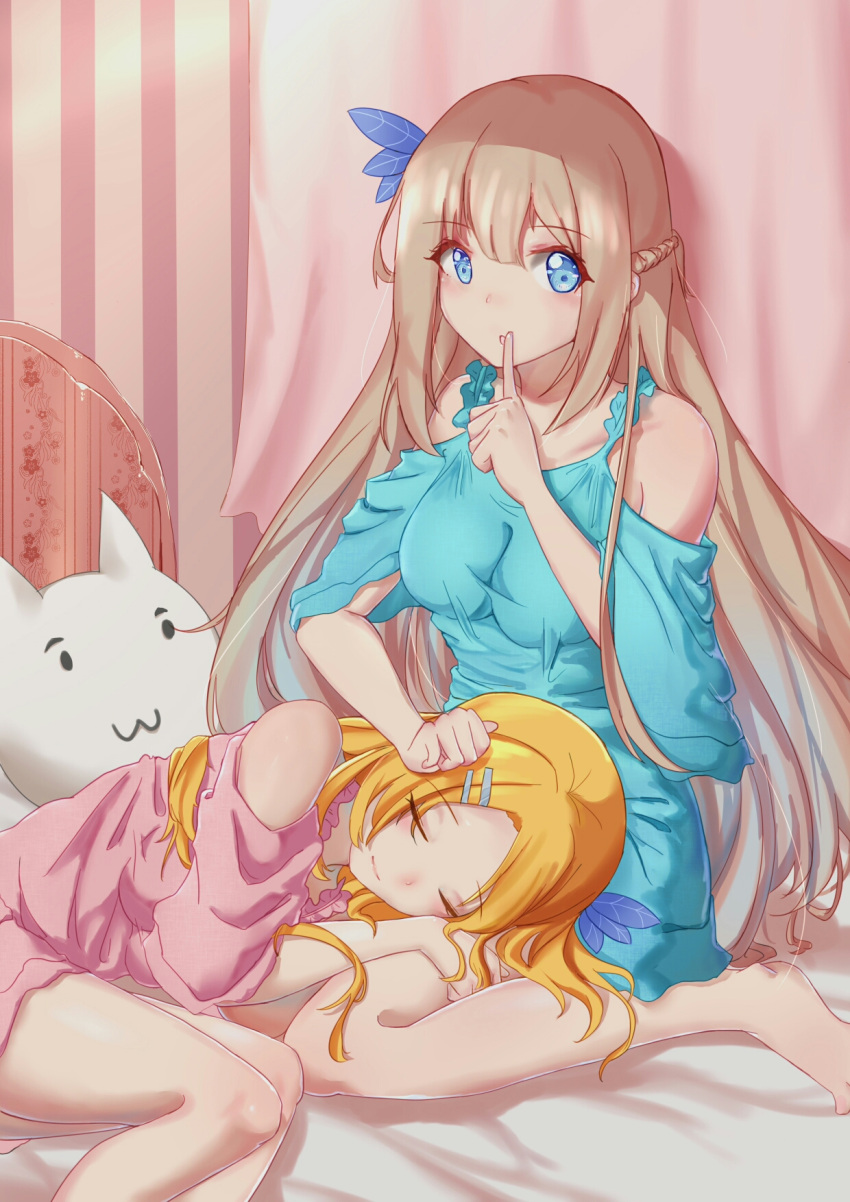 2girls animal_pillow barefoot bed blonde_hair blue_dress blue_eyes braid crown_braid dress feathers finger_to_mouth hair_feathers hair_ornament hairclip highres indoors lap_pillow lexington_(warship_girls_r) long_hair looking_at_viewer lying multiple_girls on_bed on_side pajamas saratoga_(warship_girls_r) sleeping striped very_long_hair warship_girls_r wide_sleeves