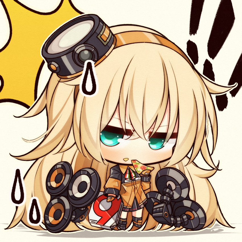 ! 1girl 7:08 bang black_legwear blonde_hair chibi commentary_request eating eyebrows_visible_through_hair finger_gun food food_in_mouth food_on_face girls_frontline green_eyes hair_between_eyes hairband highres jacket long_hair looking_at_viewer messy_hair miniskirt necktie orange_jacket pizza pizza_box s.a.t.8_(girls_frontline) skirt sweatdrop wing_collar