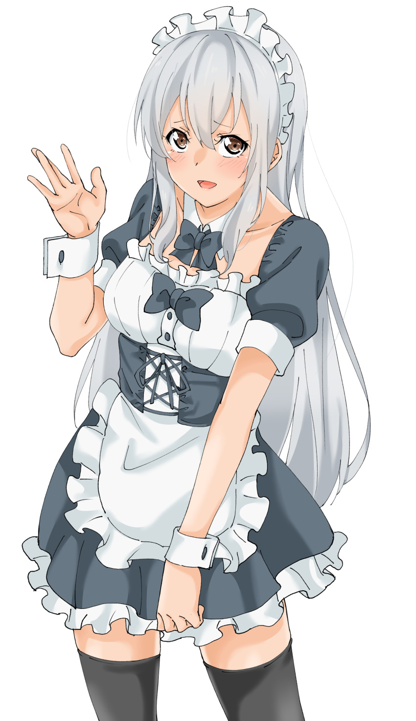 1girl absurdres alternate_costume apron black_dress black_legwear brown_eyes cowboy_shot dress enmaided frilled_apron frilled_dress frills highres kantai_collection long_hair looking_at_viewer maid maid_headdress maonatten shoukaku_(kantai_collection) silver_hair simple_background smile solo thigh-highs waist_apron waving white_apron white_background wrist_cuffs