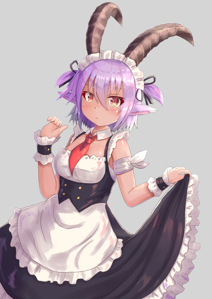 1girl :&lt; alternate_costume animal_ears black_dress black_ribbon blush breasts cocoasabure dress dress_lift enmaided et_luba hair_between_eyes hair_ribbon hand_up highres horns looking_at_viewer maid maid_headdress pixiv_fantasia pixiv_fantasia_last_saga purple_hair red_neckwear ribbon short_sleeves short_twintails simple_background small_breasts solo standing tan twintails wrist_cuffs