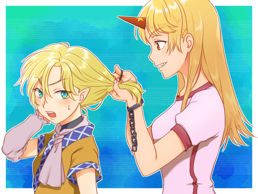 2girls arm_up arm_warmers blonde_hair blue_background blush breasts brown_shirt chain commentary_request cuffs eyebrows_visible_through_hair from_side gradient gradient_background green_eyes grin hair_between_eyes hair_tie hand_behind_head holding holding_hair horn hoshiguma_yuugi long_hair looking_at_another looking_at_viewer looking_to_the_side medium_breasts mito_(mo96g) mizuhashi_parsee multiple_girls open_mouth pointy_ears profile red_eyes shackles shirt short_hair short_sleeves small_breasts smile standing star sweatdrop teeth thick_eyebrows touhou tying_hair upper_body upper_teeth white_shirt
