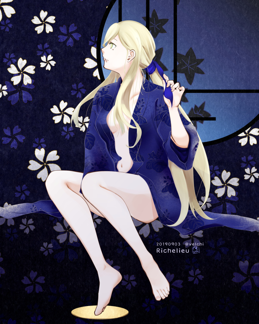 1girl absurdres barefoot blonde_hair blue_background blue_eyes blue_kimono blue_ribbon breasts character_name commentary_request dated floral_print hair_between_eyes hair_ribbon highres japanese_clothes kantai_collection kimono long_hair medium_breasts mole mole_under_eye mole_under_mouth navel open_clothes open_kimono ponytail profile ribbon richelieu_(kantai_collection) round_window sitting solo twitter_username velchi very_long_hair yukata