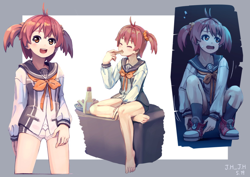 1girl :d a-1_pictures ahoge artist_name ascii_media_works barefoot blush border bowl bread_crust brown_eyes closed_eyes collarbone commentary_request eating flying_sweatdrops food furrowed_eyebrows highres holding holding_food isshiki_akane j.h_j.h long_sleeves looking_at_viewer motion_lines multiple_views neckerchief number open_mouth outside_border redhead school_uniform serafuku shirt shoes short_hair short_shorts shorts sitting smile squatting squeeze_bottle standing sweatdrop twintails vividred_operation white_background white_shorts