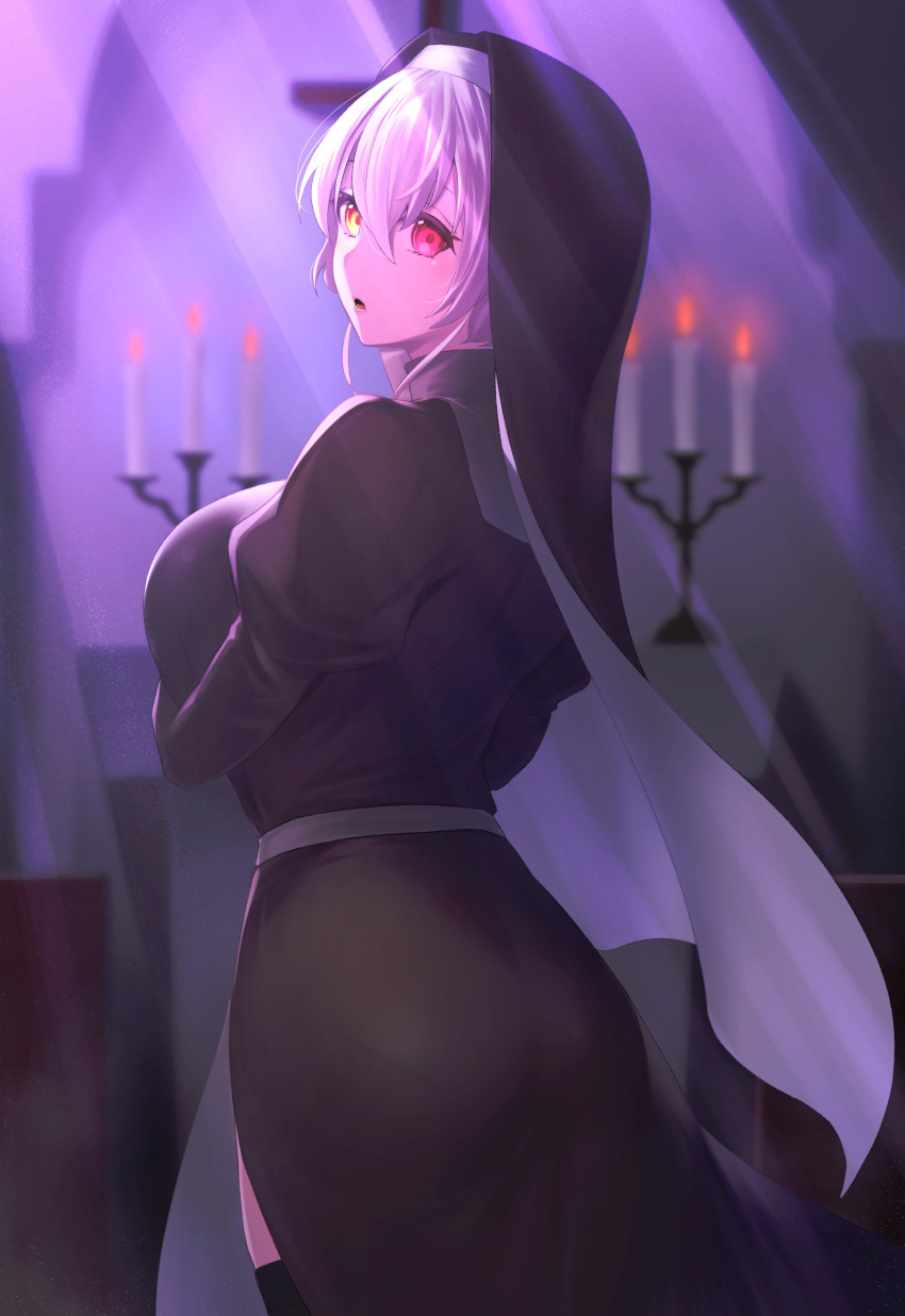 1girl absurdres bangs breasts candle commentary_request cross crucifix from_behind hair_between_eyes highres indoors large_breasts looking_at_viewer looking_to_the_side multicolored multicolored_eyes nun open_mouth original pink_eyes silver_hair veil yashiro_sousaku yellow_eyes