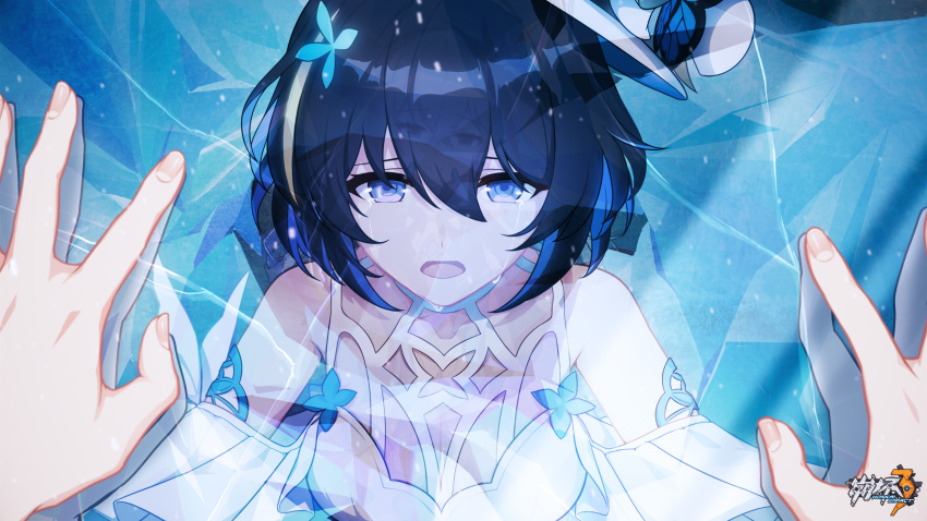 against_wall alternate_costume bangs bare_shoulders black_hair blue_eyes blue_hair breasts bronya_zaychik bronya_zaychik_(herrscher_of_reason) crying crying_with_eyes_open dress drill_hair fingersmile hair_between_eyes hair_ornament hat highres honkai_(series) honkai_impact_3rd ice logo long_hair looking_at_viewer medium_breasts multicolored_hair multiple_girls off-shoulder_dress off_shoulder official_art open_mouth reflection seele_vollerei short_hair silver_hair smile tears white_dress white_headwear