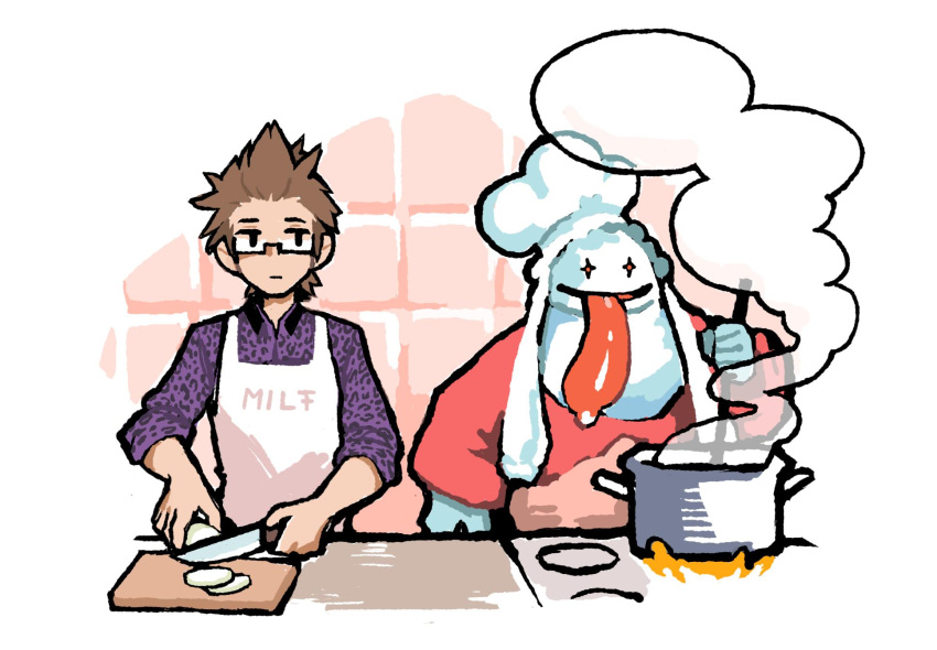 1boy 1other apron chef_hat cooking cutting_board final_fantasy final_fantasy_ix final_fantasy_xv glasses hat highres ignis_scientia knife looking_at_another midorin_hd onion pot quina_quen smile spiky_hair steam stirring stove tongue tongue_out upper_body