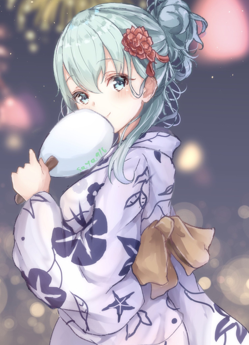 1girl alternate_costume alternate_hairstyle aqua_hair blush closed_mouth eyebrows_visible_through_hair fan festival fireworks floral_print hair_between_eyes hair_ornament hairclip highres japanese_clothes kantai_collection kimono long_hair looking_at_viewer night night_sky sa-ya2 sky smile solo suzuya_(kantai_collection) twitter_username yukata