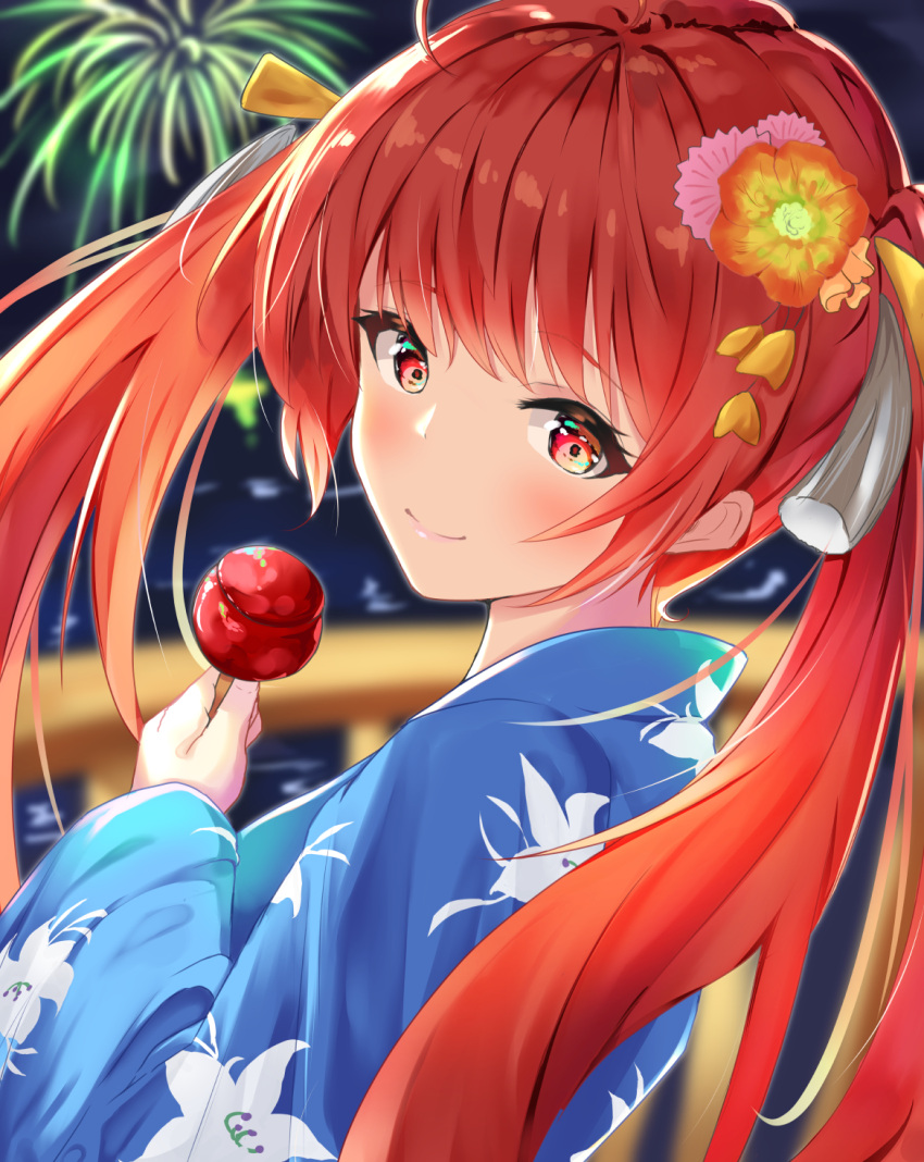 1girl aerial_fireworks azur_lane blue_kimono bridge candy_apple commentary_request fireworks floral_print flower food hair_flower hair_ornament highres holding holding_food honolulu_(azur_lane) honolulu_(festival_date)_(azur_lane) japanese_clothes kanaya604 kimono looking_at_viewer night red_eyes redhead smile solo twintails water yukata
