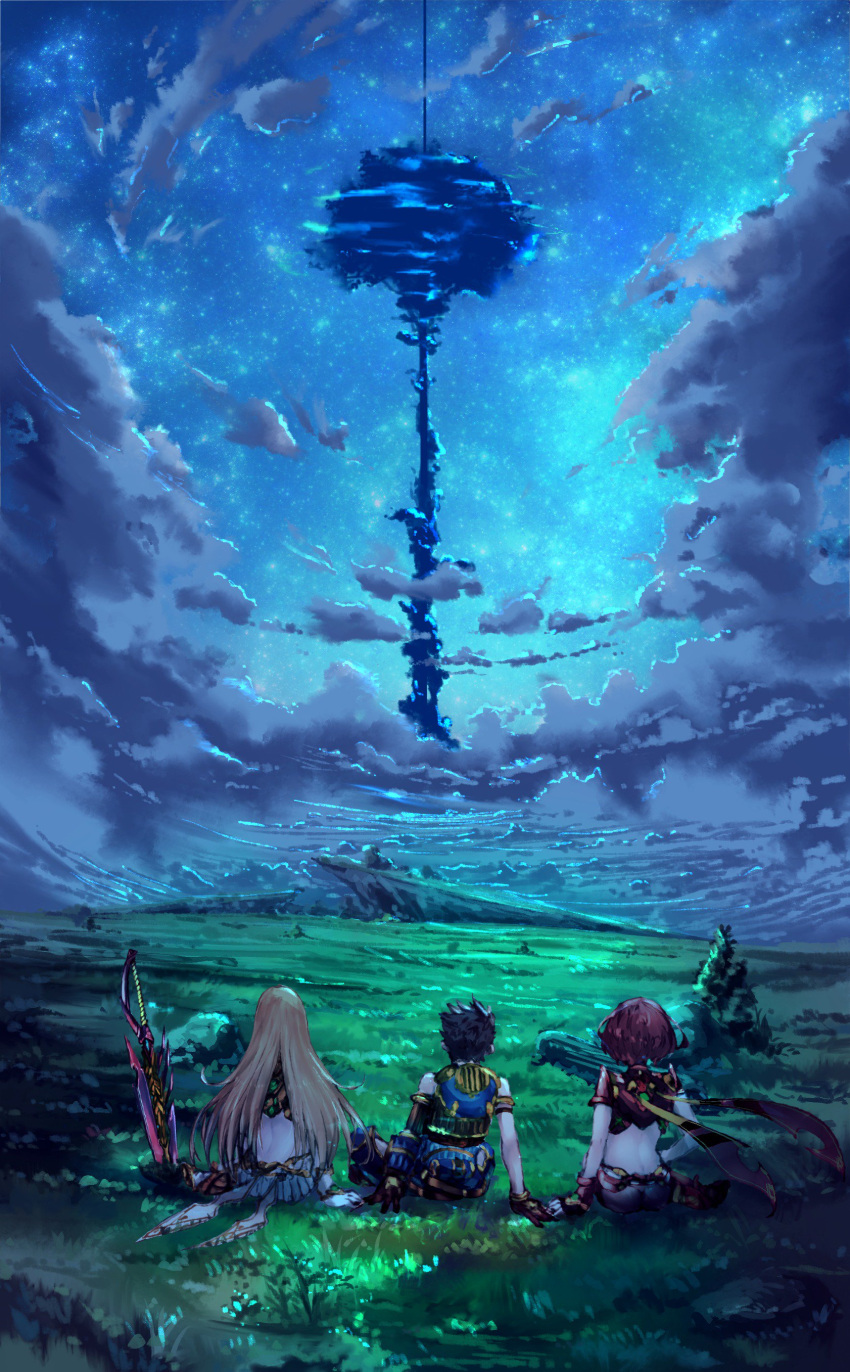 1boy 2girls absurdres arm_at_side arm_support armlet ass bad_id bad_twitter_id blonde_hair blue_sky brown_gloves brown_hair bush clouds commentary commentary_request field from_behind gloves grass highres mythra_(xenoblade) pyra_(xenoblade) long_hair multiple_girls night night_sky planted planted_sword planted_weapon poteto_(potetosarada123) redhead rex_(xenoblade_2) rock scenery shirt short_hair sitting skirt sky sword touching tree very_long_hair weapon white_shirt xenoblade_(series) xenoblade_2