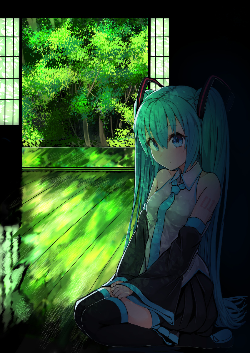 1girl absurdres aqua_eyes aqua_hair black_legwear black_skirt blue_eyes day detached_sleeves hair_ornament hatsune_miku highres huge_filesize indoors kuronosu_(yamada1230) long_hair looking_at_viewer necktie sitting skirt sliding_doors smile solo tattoo thigh-highs twintails very_long_hair vocaloid wariza