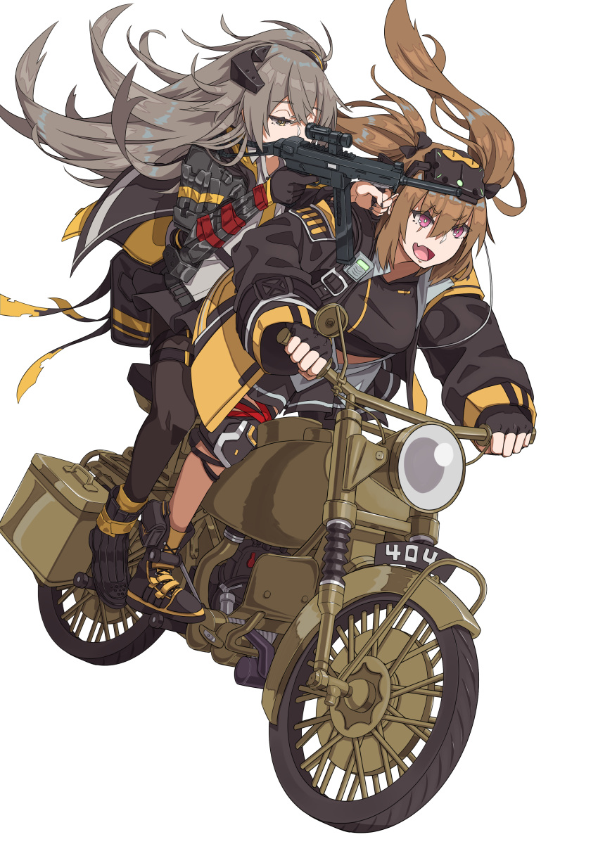 2girls absurdres aiming ankle_boots armband baggy_clothes black_bra black_footwear black_gloves black_jacket black_legwear boots bra brown_hair driving fingerless_gloves girls_frontline gloves goggles goggles_on_head grey_hair ground_vehicle gun h&amp;k_ump hair_ornament highres holding holding_gun holding_weapon jacket knee_pads long_hair mod3_(girls_frontline) motor_vehicle motorcycle multiple_girls open_clothes open_jacket open_mouth pantyhose prosthesis prosthetic_arm rlin scar scar_across_eye sidelocks simple_background sports_bra submachine_gun thigh_strap twintails ump45_(girls_frontline) ump9_(girls_frontline) underwear violet_eyes weapon yellow_eyes