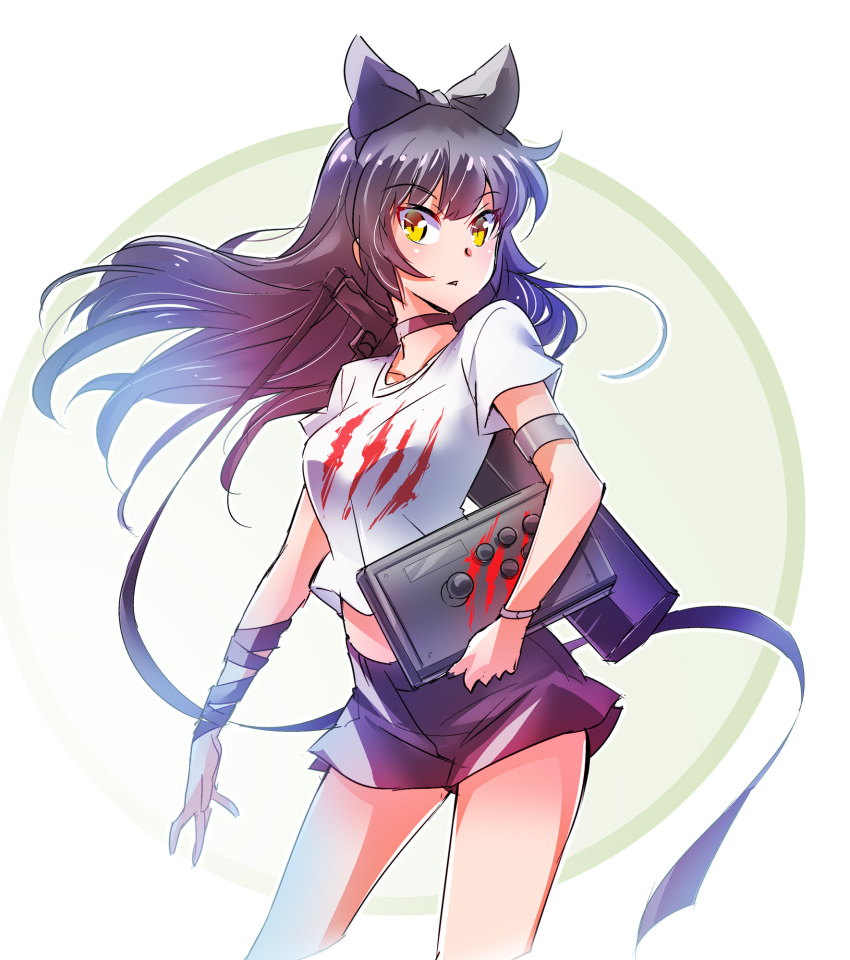 1girl armlet bangs black_bow black_hair black_shorts blake_belladonna bow bracelet choker cobblestone collarbone eyebrows_visible_through_hair floating_hair hair_bow highres holding iesupa jewelry long_hair looking_at_viewer parted_lips print_shirt rwby shiny shiny_hair shirt short_shorts short_sleeves shorts simple_background slit_pupils solo standing very_long_hair white_background white_shirt yellow_eyes