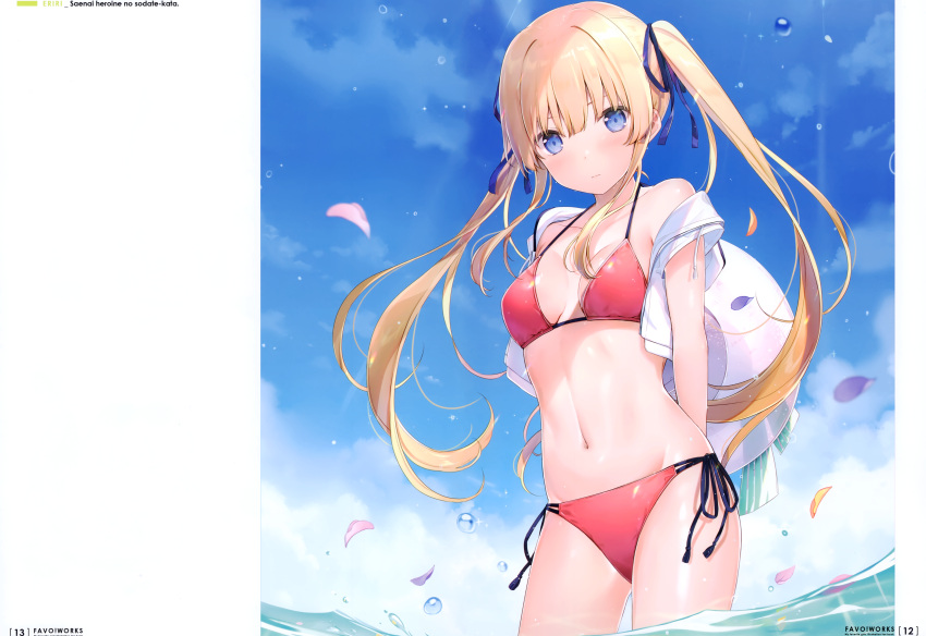 1girl 6u_(eternal_land) absurdres bare_shoulders bikini blonde_hair blue_eyes blue_sky breasts breasts_apart closed_mouth clouds collarbone cropped_jacket day drawstring floating_hair groin hair_ribbon halterneck hat highres jacket long_hair looking_at_viewer medium_breasts multi-strapped_bikini navel off_shoulder open_clothes open_jacket outdoors petals red_bikini ribbon saenai_heroine_no_sodatekata sawamura_spencer_eriri scan side-tie_bikini sidelocks sky solo standing stomach sun_hat swimsuit thighs twintails twitter_username wading water white_jacket