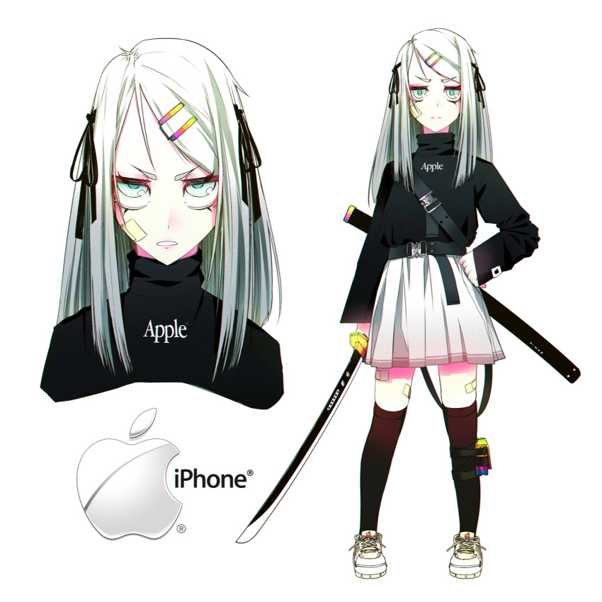 &gt;:( 1girl absurdres apple_inc. bandaid bandaid_on_face bandaid_on_leg belt belt_buckle black_shirt blue_eyes buckle closed_mouth clothes_writing eyebrows_visible_through_hair full_body hair_ornament hair_ribbon hairclip highres holding holding_sword holding_weapon katana kneehighs light_blue_eyes long_sleeves looking_at_viewer medium_hair multiple_views open_mouth original personification ribbon scabbard serious sheath shirt shoes shoulder_belt sidelocks simple_background skirt sword teeth upper_body v-shaped_eyebrows vinne weapon white_background white_eyelashes white_hair white_skirt