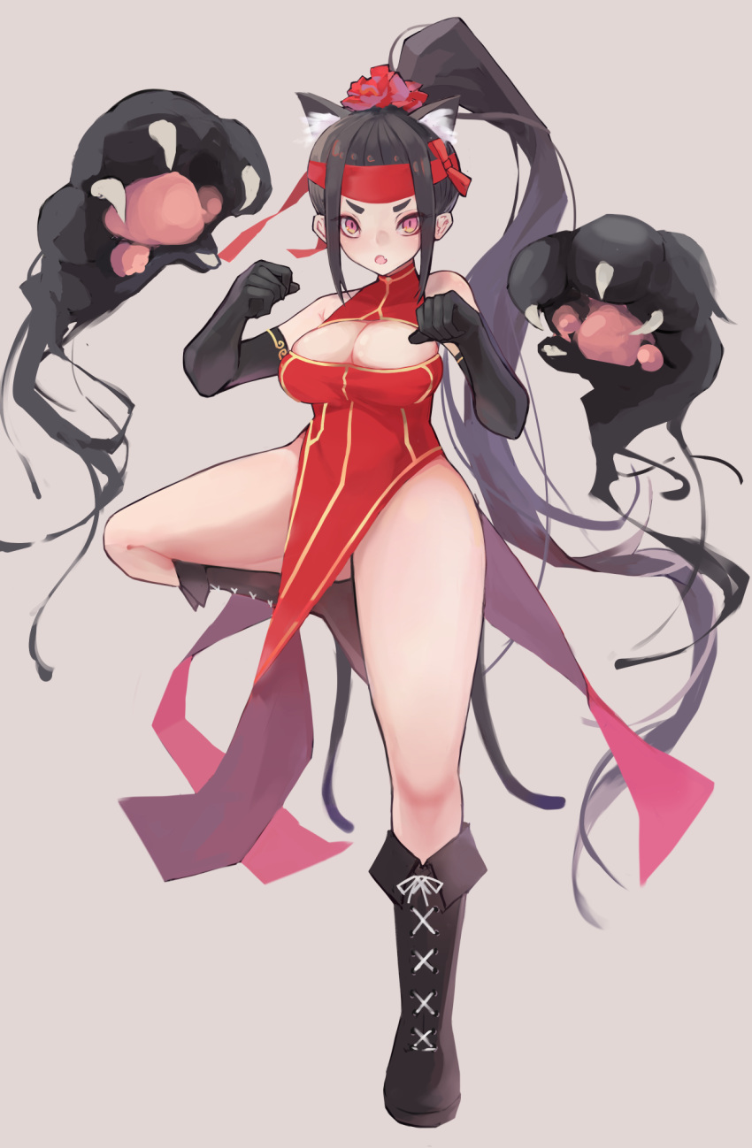 1girl animal_ears baozi blush boots breasts cat_ears china_dress chinese_clothes dress food hair_ornament highres large_breasts long_hair open_mouth original ponytail red_eyes shinonome_tsukasa solo thighs very_long_hair