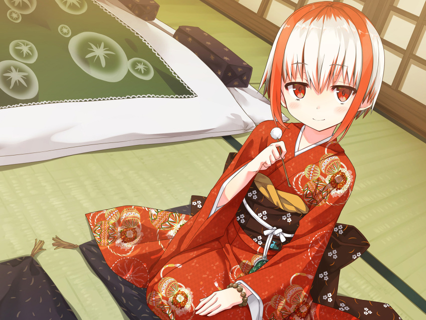 1girl ayakashi_kyoushuutan bead_bracelet beads blanket blush bracelet cura highres indoors japanese_clothes jewelry kimono long_sleeves looking_at_viewer mimikaki monobeno multicolored_hair obi official_art pillow red_eyes red_kimono redhead sash short_hair sitting solo sumi_(monobeno) tatami two-tone_hair wariza white_hair wide_sleeves