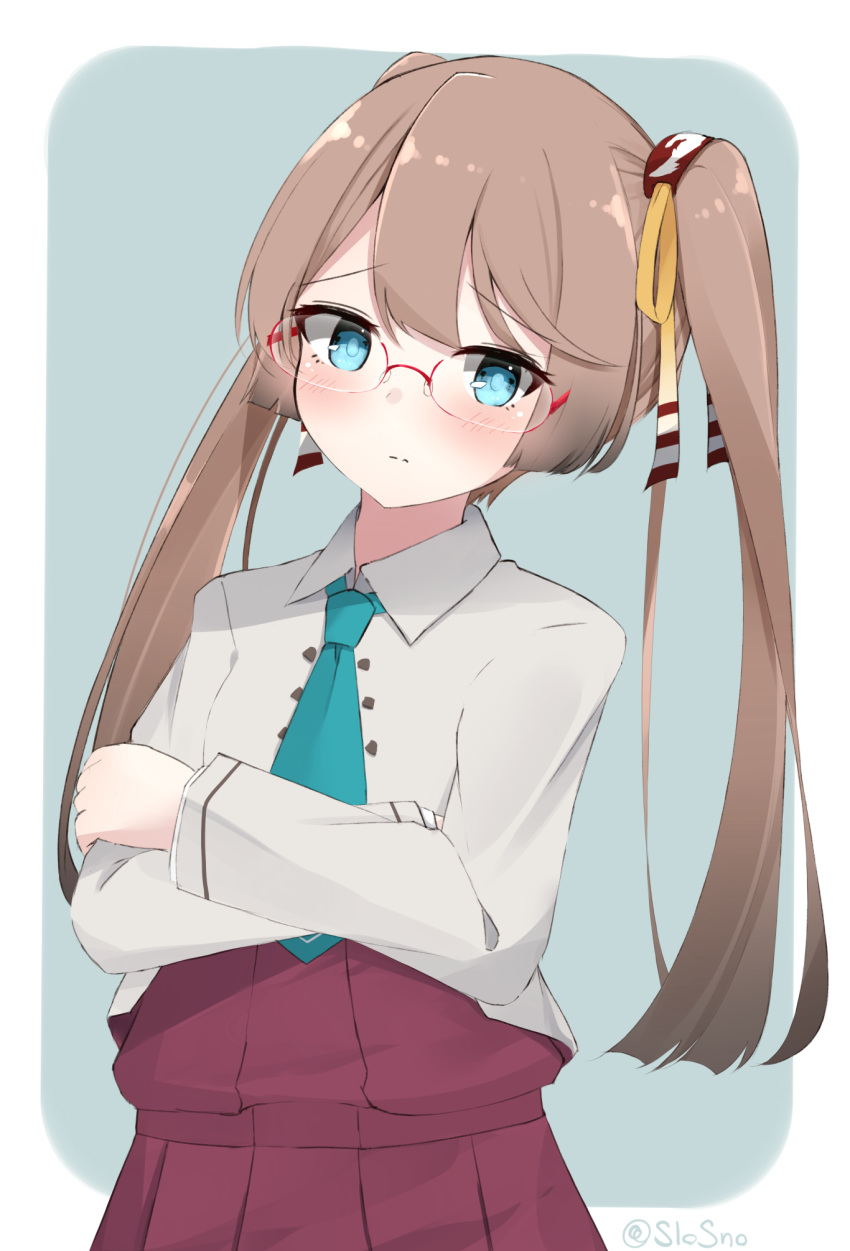 1girl alternate_hairstyle bespectacled blazer blue_background brown_hair cowboy_shot crossed_arms disconnected_mouth dress expressionless glasses green_neckwear grey_eyes hair_ribbon highres jacket kantai_collection kazagumo_(kantai_collection) long_hair looking_at_viewer necktie ponytail purple_dress red-framed_eyewear remodel_(kantai_collection) ribbon school_uniform semi-rimless_eyewear solo twintails yukikasa_(ro-ga-o-y)