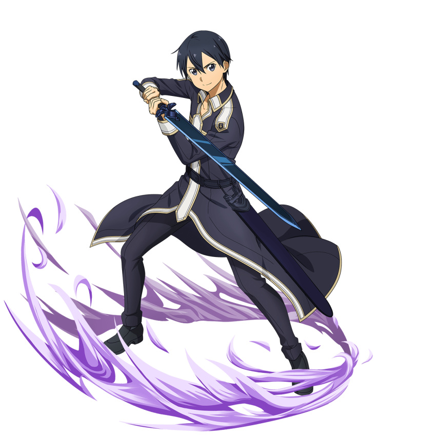 1boy belt black_belt black_coat black_eyes black_footwear black_hair black_pants closed_mouth highres holding holding_sword holding_weapon kirito long_sleeves looking_at_viewer male_focus official_art pants shiny shiny_hair smile solo stance sword sword_art_online transparent_background weapon