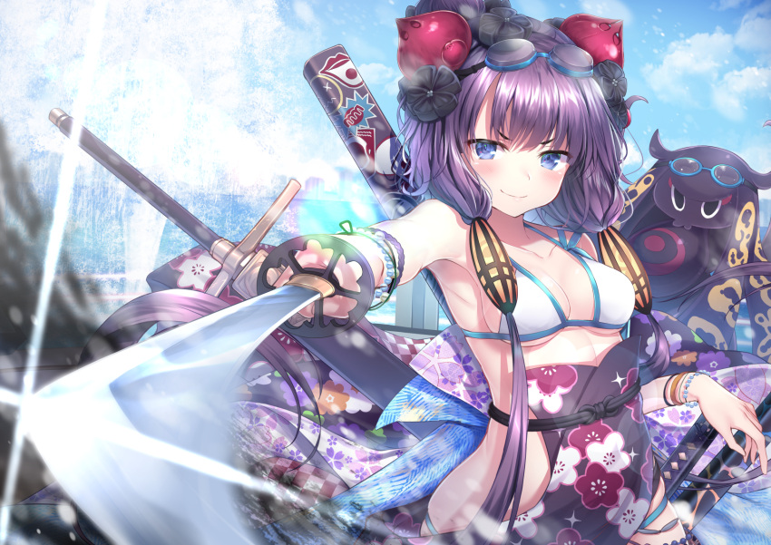 1girl bangs bare_shoulders bikini blue_eyes blush bracelet breasts collarbone fate/grand_order fate_(series) floral_print goggles goggles_on_head hair_ornament highres jewelry katana katsushika_hokusai_(fate/grand_order) katsushika_hokusai_(swimsuit_saber)_(fate) looking_at_viewer multiple_swords obi octopus purple_hair sash short_hair sidelocks smile swimsuit sword tokitarou_(fate/grand_order) topia weapon white_bikini