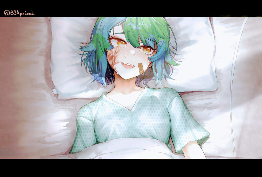 1girl :d bandaid_on_cheek bangs bed_sheet blue_hair brown_eyes commentary_request crying crying_with_eyes_open danielle_brindle earth-chan eyebrows_visible_through_hair green_hair green_shirt hair_between_eyes highres injury letterboxed looking_away looking_to_the_side lying multicolored_hair on_back open_mouth original pillow round_teeth shirt short_sleeves smile solo tears teeth twitter_username two-tone_hair under_covers upper_body upper_teeth