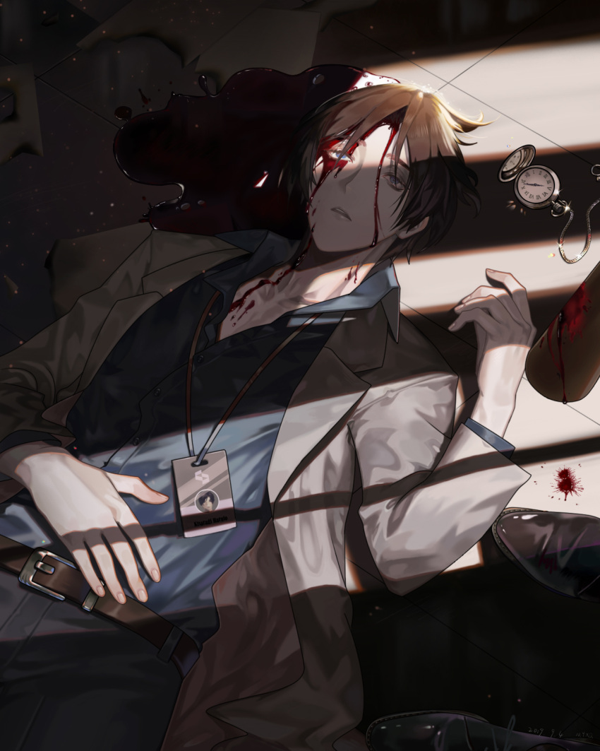 1boy belt blood blood_on_face blood_on_ground blue_shirt brown_belt brown_hair commentary_request dated grey_jacket highres jacket lying on_back on_ground open_clothes open_jacket peach_luo shirt shoes short_hair solo tiles toraware_no_palm watch