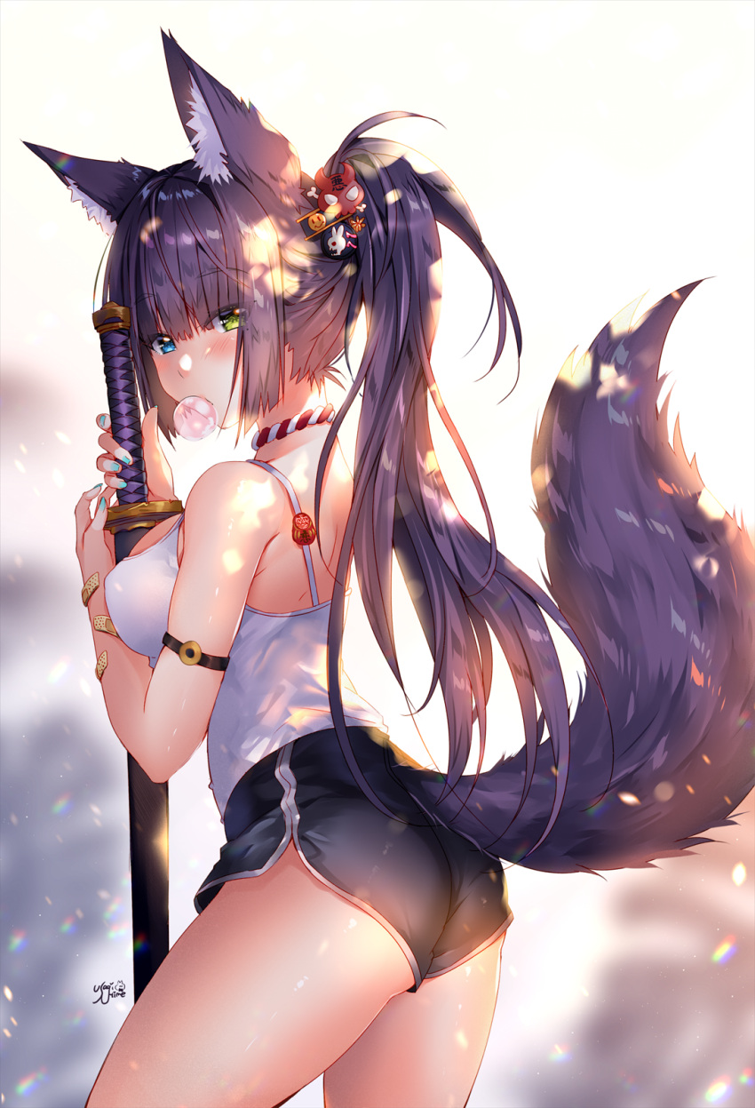 1girl animal_ear_fluff animal_ears armband ass bandaid bare_shoulders black_hair black_shorts blue_eyes blue_nails blush boyshorts breasts bubble_blowing camisole choker commentary_request cowboy_shot fox_ears fox_girl fox_tail from_side green_eyes hair_ornament heterochromia highres holding holding_sword holding_weapon katana large_breasts long_hair looking_at_viewer looking_back mole mole_under_eye nail_polish original ponytail sheath sheathed shirt short_shorts shorts signature skindentation sleeveless sleeveless_shirt solo standing sword tail thighs usagihime weapon white_shirt