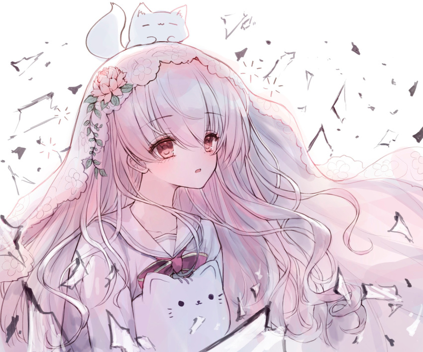 1girl animal animal_ear_fluff animal_on_head arcaea bangs blush bow cat collarbone commentary_request eyebrows_visible_through_hair flower hair_between_eyes highres hikari_(arcaea) long_hair looking_away on_head parted_lips pink_flower pink_hair red_bow red_eyes sailor_collar school_uniform see-through serafuku shirt solo tandohark upper_body veil very_long_hair white_background white_sailor_collar white_shirt